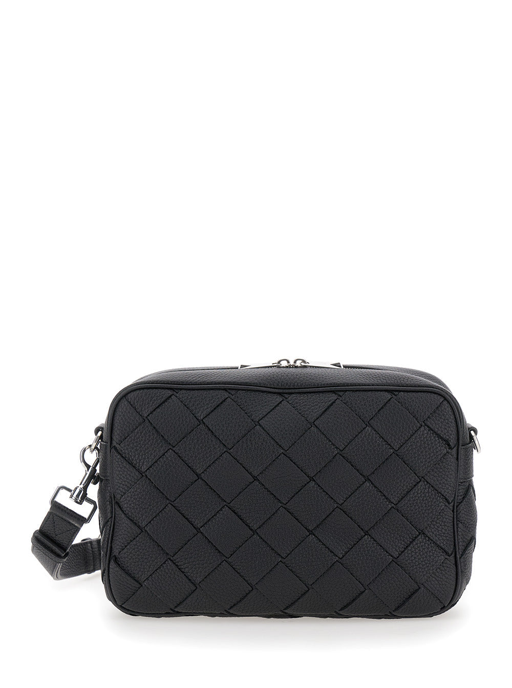Bottega Veneta Men 'Messenger Medium' Black Crossbody Bag With Intreccio Motif In Hammered Leather Man BOTTEGA VENETA