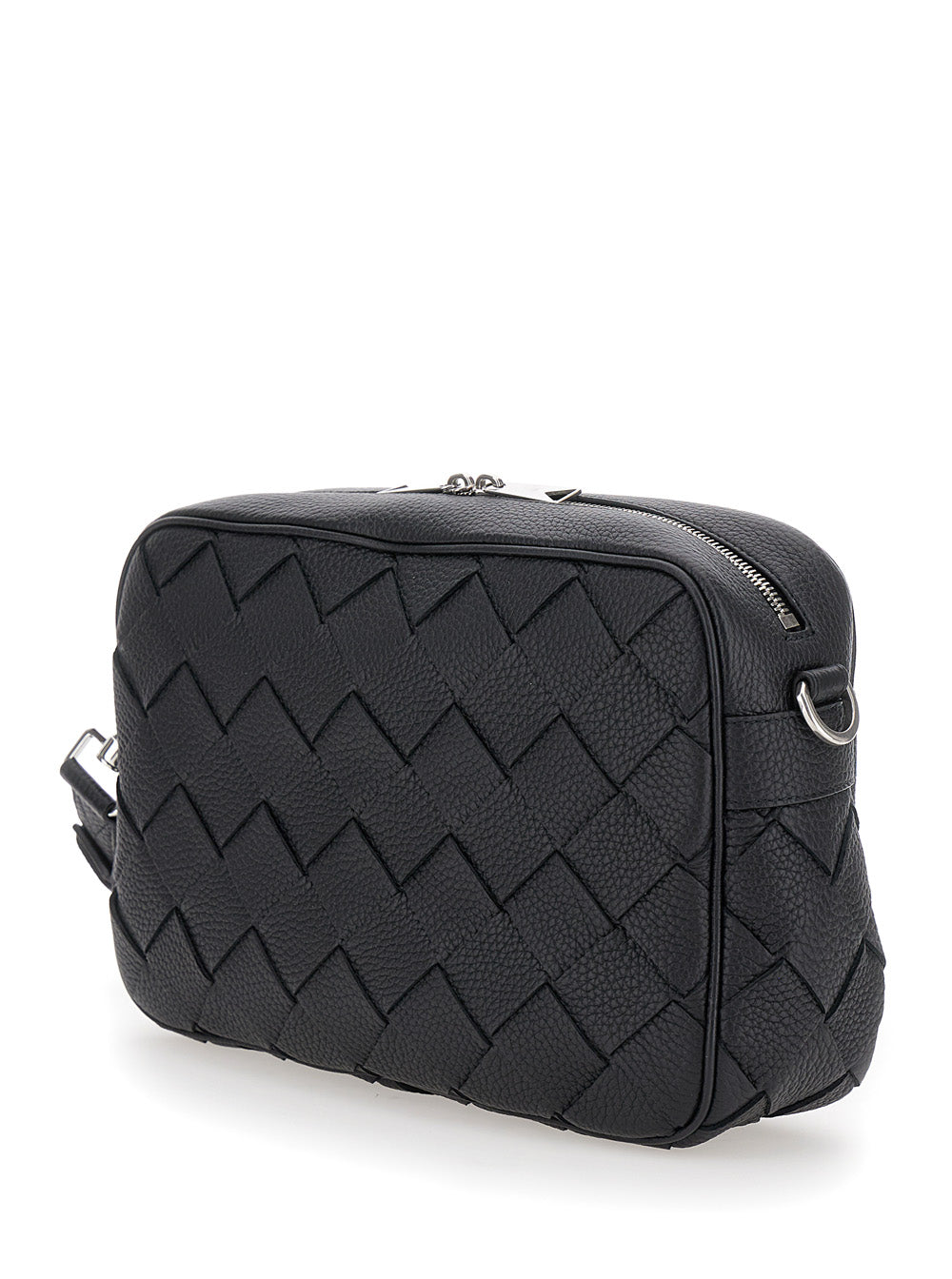 Bottega Veneta Men 'Messenger Medium' Black Crossbody Bag With Intreccio Motif In Hammered Leather Man BOTTEGA VENETA