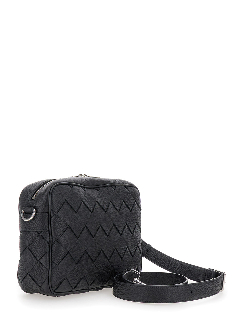 Bottega Veneta Men 'Messenger Medium' Black Crossbody Bag With Intreccio Motif In Hammered Leather Man BOTTEGA VENETA