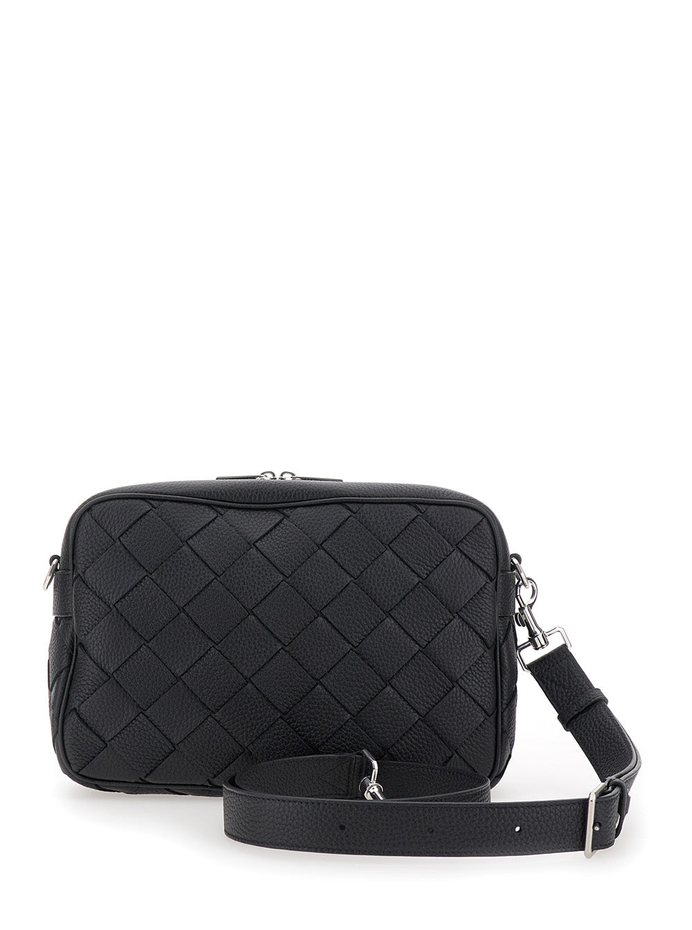 Bottega Veneta Men 'Messenger Medium' Black Crossbody Bag With Intreccio Motif In Hammered Leather Man BOTTEGA VENETA