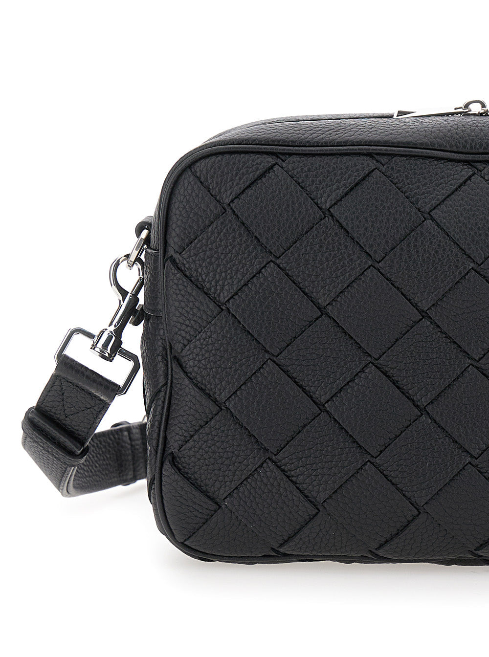 Bottega Veneta Men 'Messenger Medium' Black Crossbody Bag With Intreccio Motif In Hammered Leather Man BOTTEGA VENETA