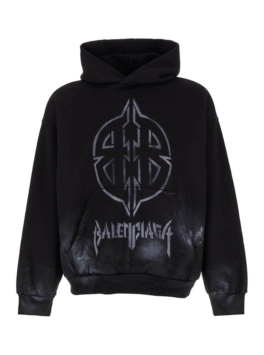 Balenciaga Men Black Hoodie With Metal Bb Stencil Motif In Dirty Effect Cotton Man BALENCIAGA