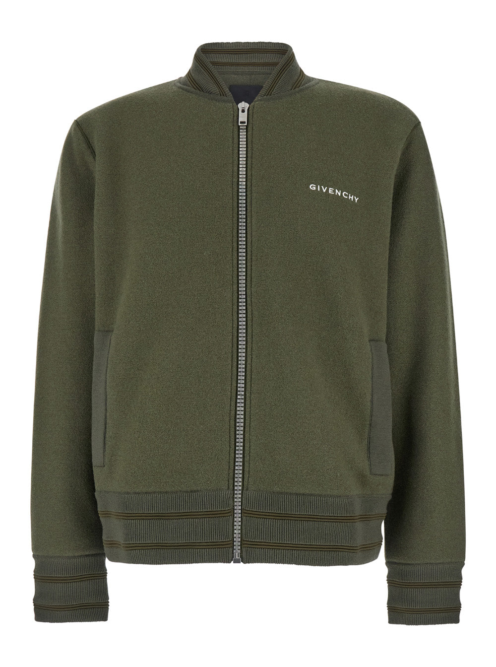Givenchy Men Green Sweatshirt With Bomber Collar And 4G Logo In Wool Man GIVENCHY