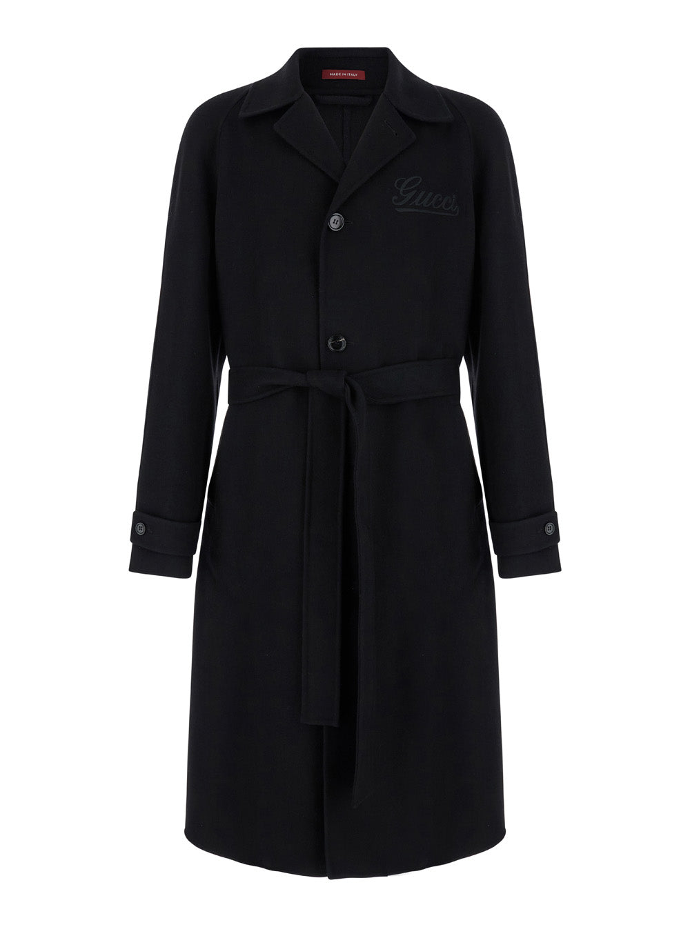 Gucci Men Black Single-Breasted Coat With Wide Notched Revers And Belt In Wool Man GUCCI