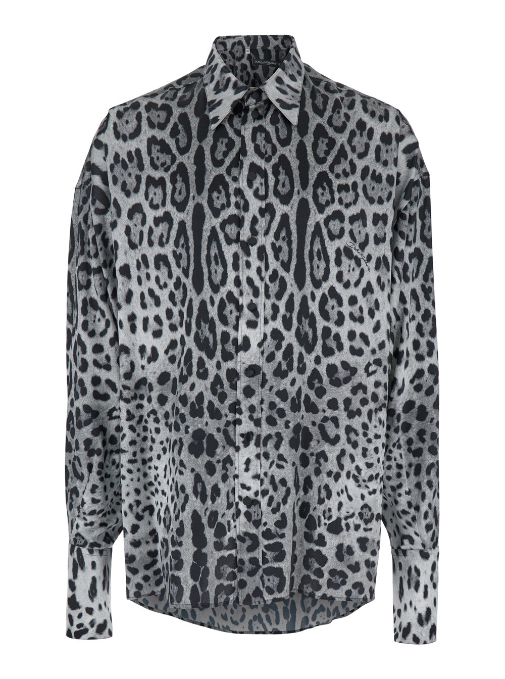 Dolce & Gabbana Men Grey Shirt With Leopard Print All-Over And Logo Lettering In Silk Man DOLCE & GABBANA