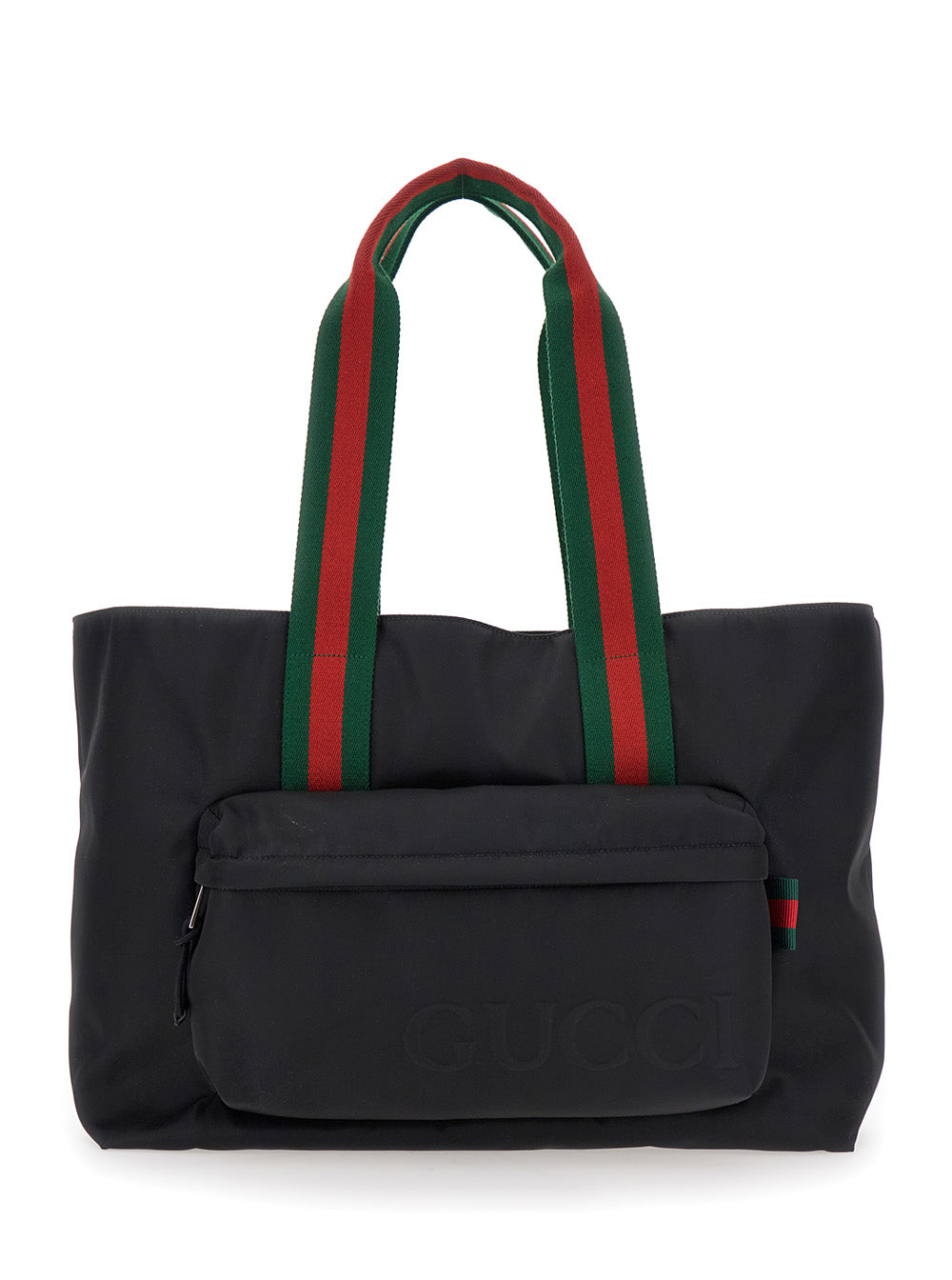 Gucci Men Black Tote Bag With Web Handles And Logo Lettering On The Front In Tech Fabric Man GUCCI