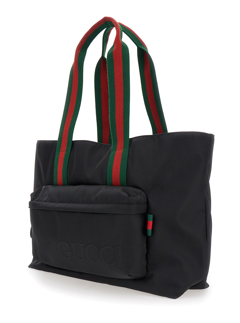 Gucci Men Black Tote Bag With Web Handles And Logo Lettering On The Front In Tech Fabric Man GUCCI