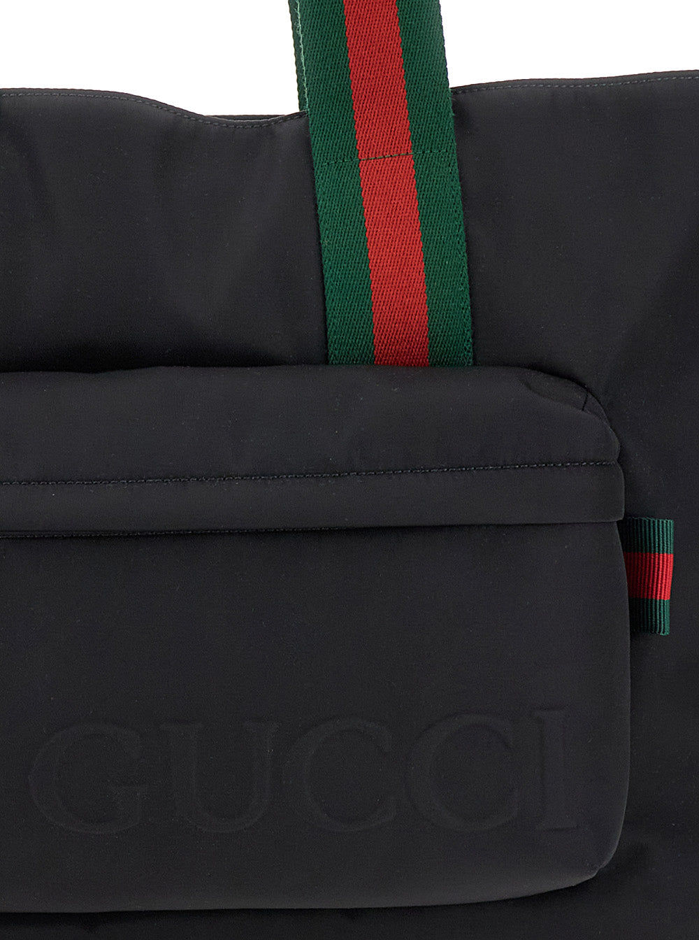 Gucci Men Black Tote Bag With Web Handles And Logo Lettering On The Front In Tech Fabric Man GUCCI