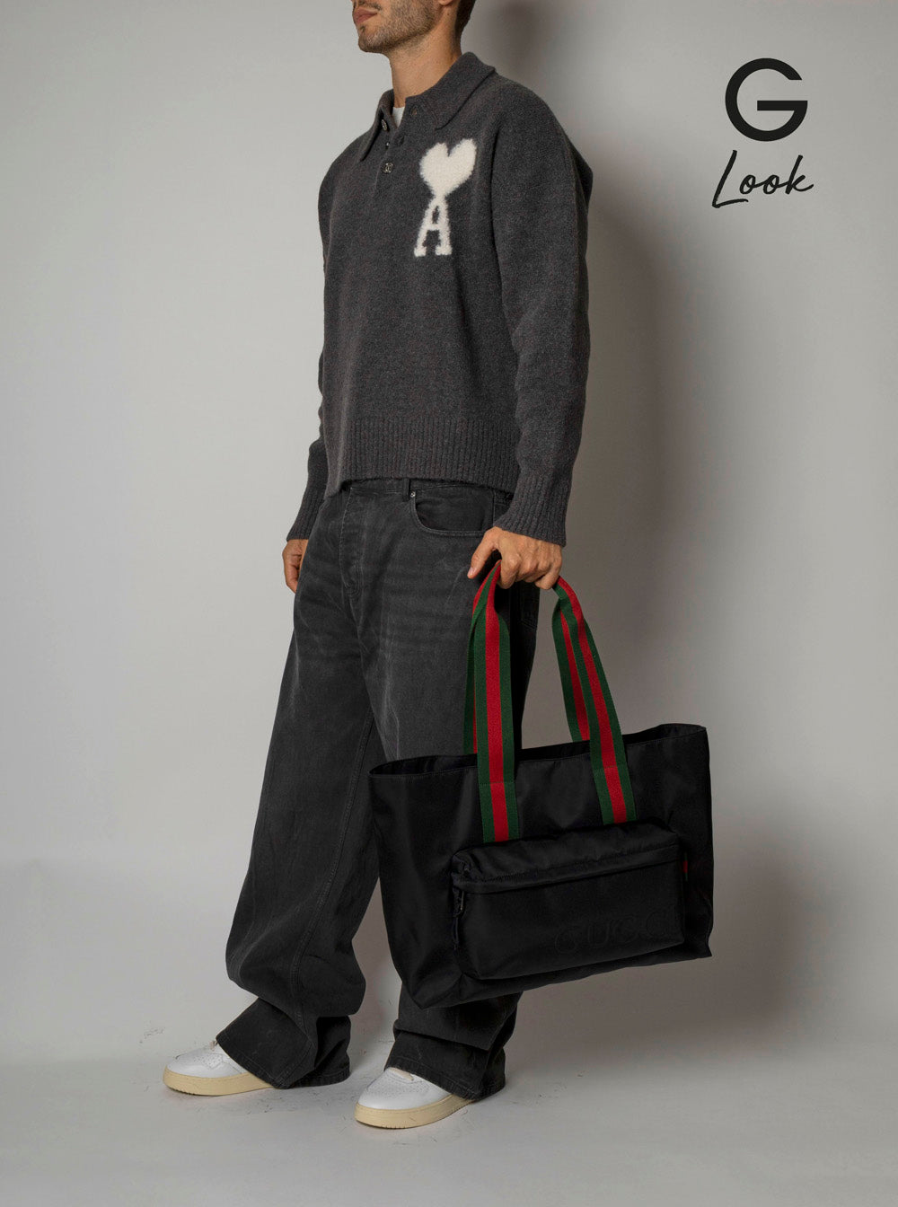 Gucci Men Black Tote Bag With Web Handles And Logo Lettering On The Front In Tech Fabric Man GUCCI