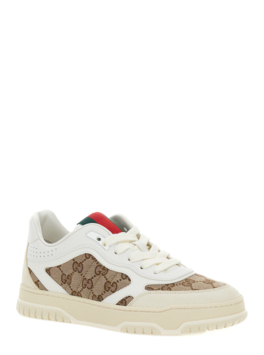 Gucci Women White And Beige Low Top Sneakers With Web Detail In Leather And Gg Supreme Canvas Woman GUCCI
