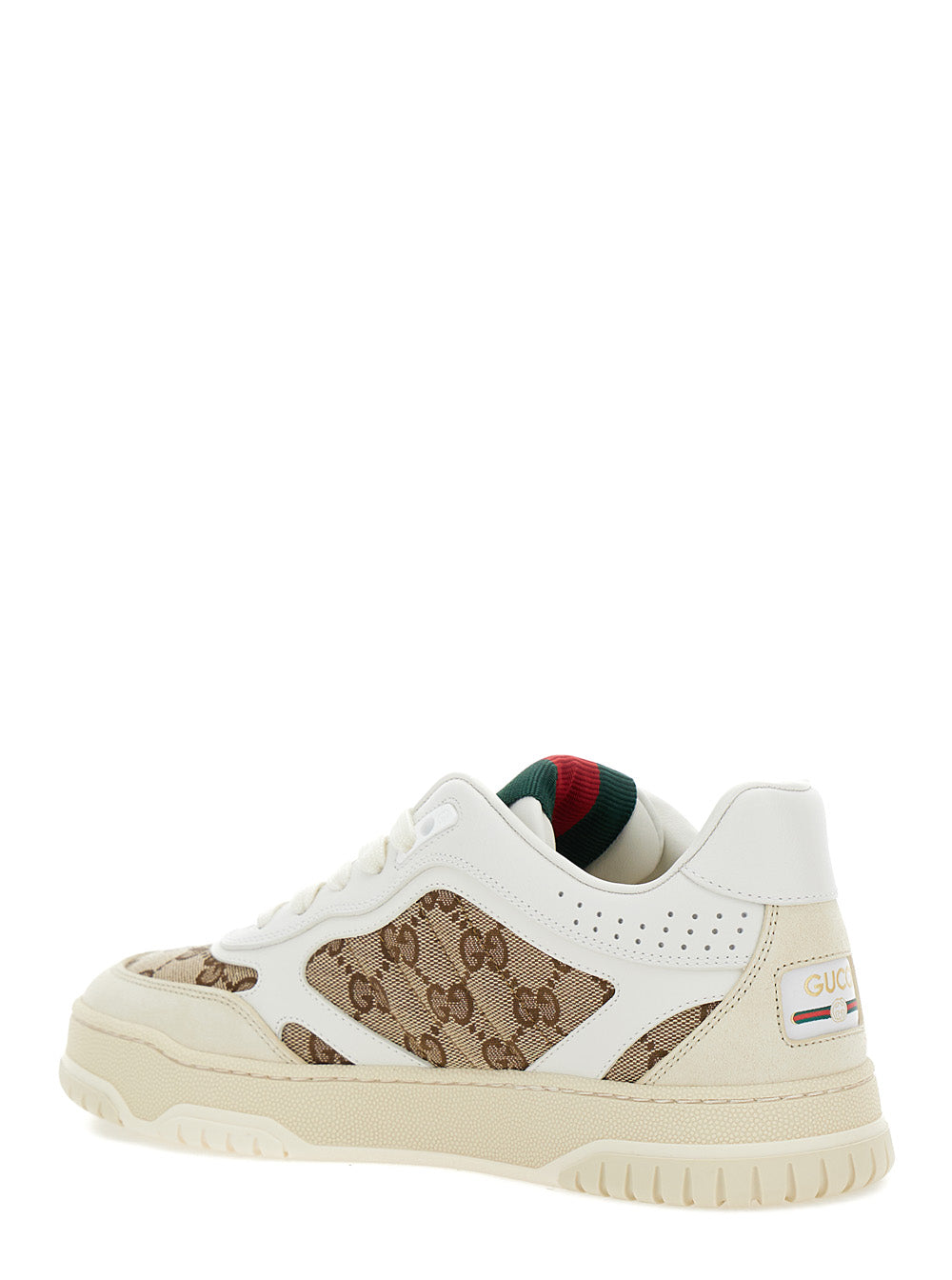 Gucci Women White And Beige Low Top Sneakers With Web Detail In Leather And Gg Supreme Canvas Woman GUCCI