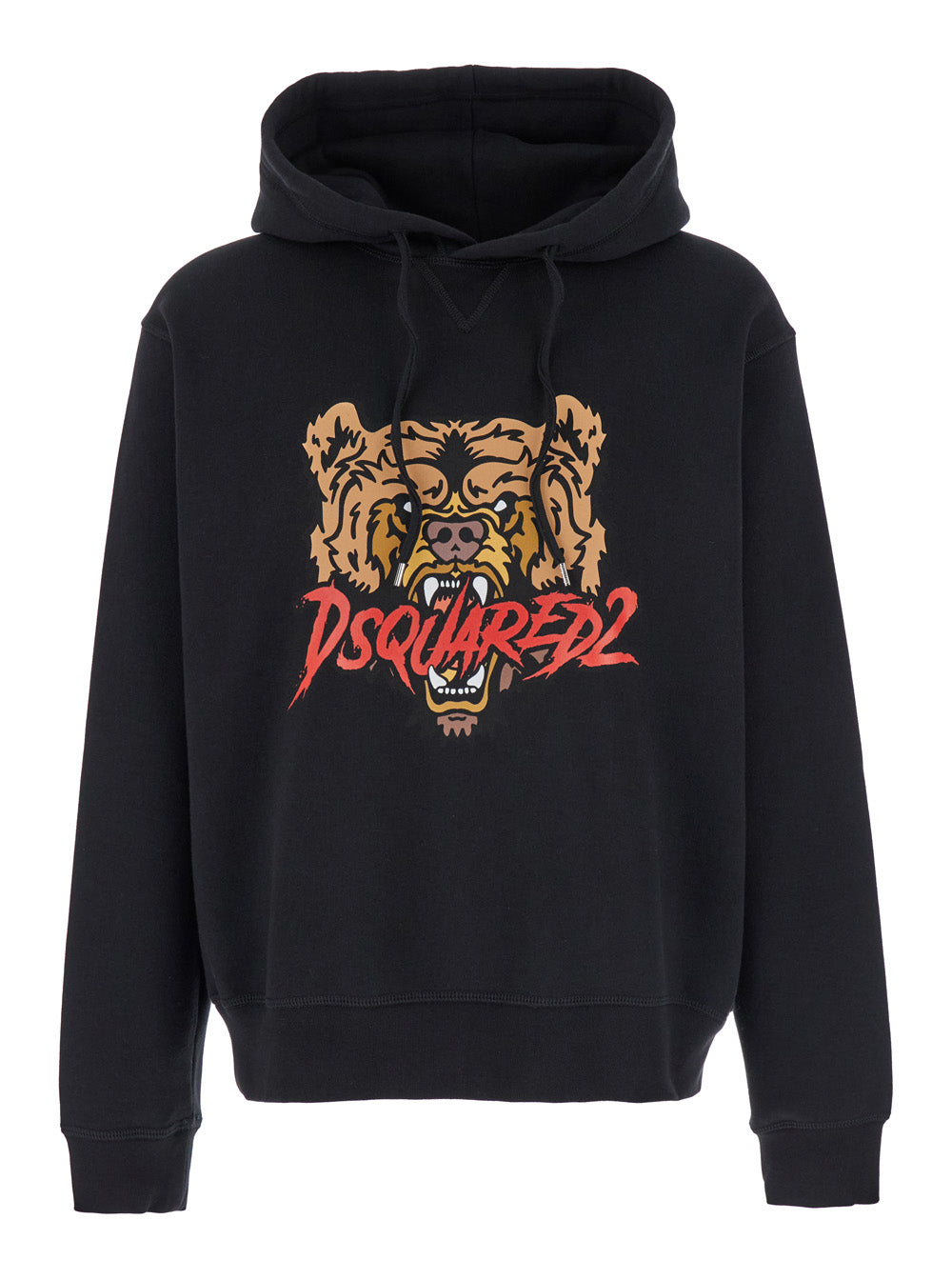 Dsquared2 Men Black Hoodie With Drawstring Hood And Maxi Logo Print On The Front In Cotton Man DSQUARED2