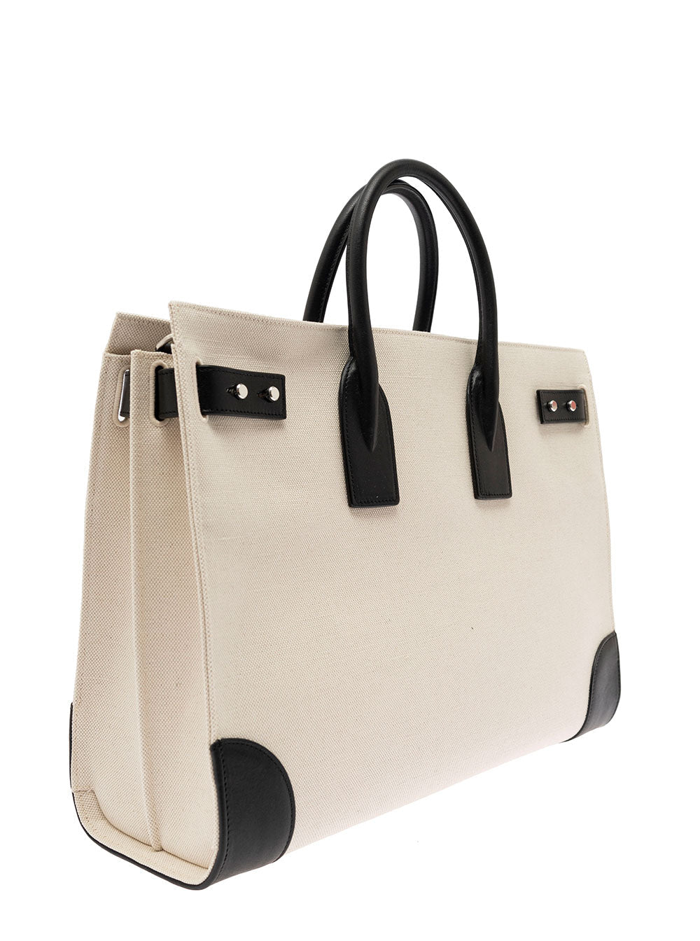 Saint Laurent Men 'Sac De Jour L' Beige Tote Bag With Brass Padlock In Canvas And Leather Man SAINT LAURENT