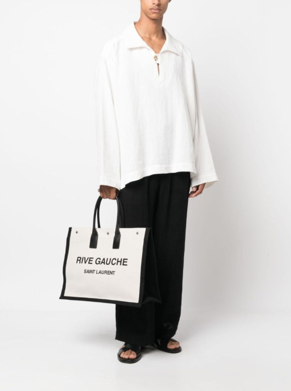 Saint Laurent Men 'Big Rive Gauche' Beige Tote Bag With Contrasting Logo Print In Cotton And Linen Man SAINT LAURENT