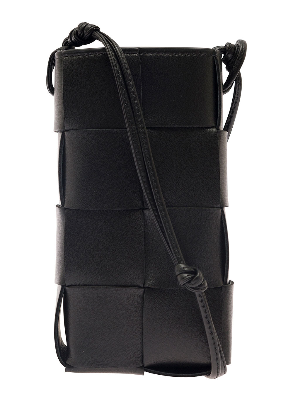 Bottega Veneta Women 'Phone Pouch' Black Shoulder Bag With Knot Details In Intreccio Nappa Leather Woman BOTTEGA VENETA