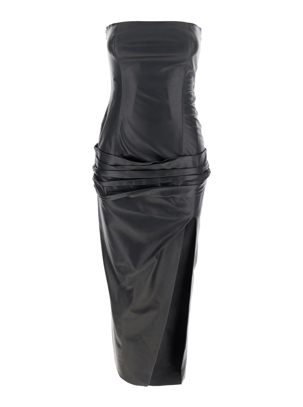 The Attico Women Black Sleeveless Off-Shoulder Midi Dress With Front Single Slit And Ruched Waist In Leather Woman THE ATTICO