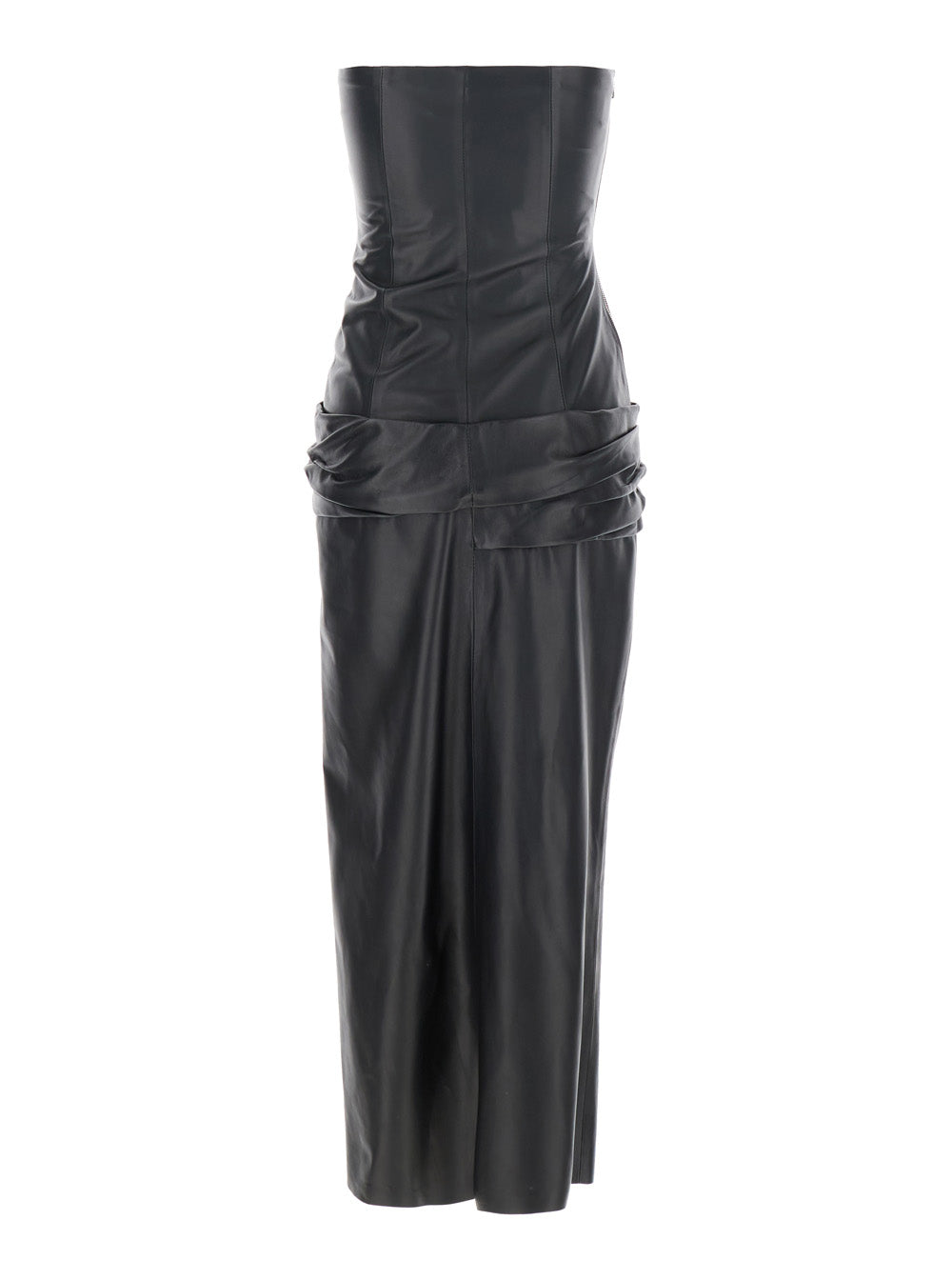 The Attico Women Black Sleeveless Off-Shoulder Midi Dress With Front Single Slit And Ruched Waist In Leather Woman THE ATTICO