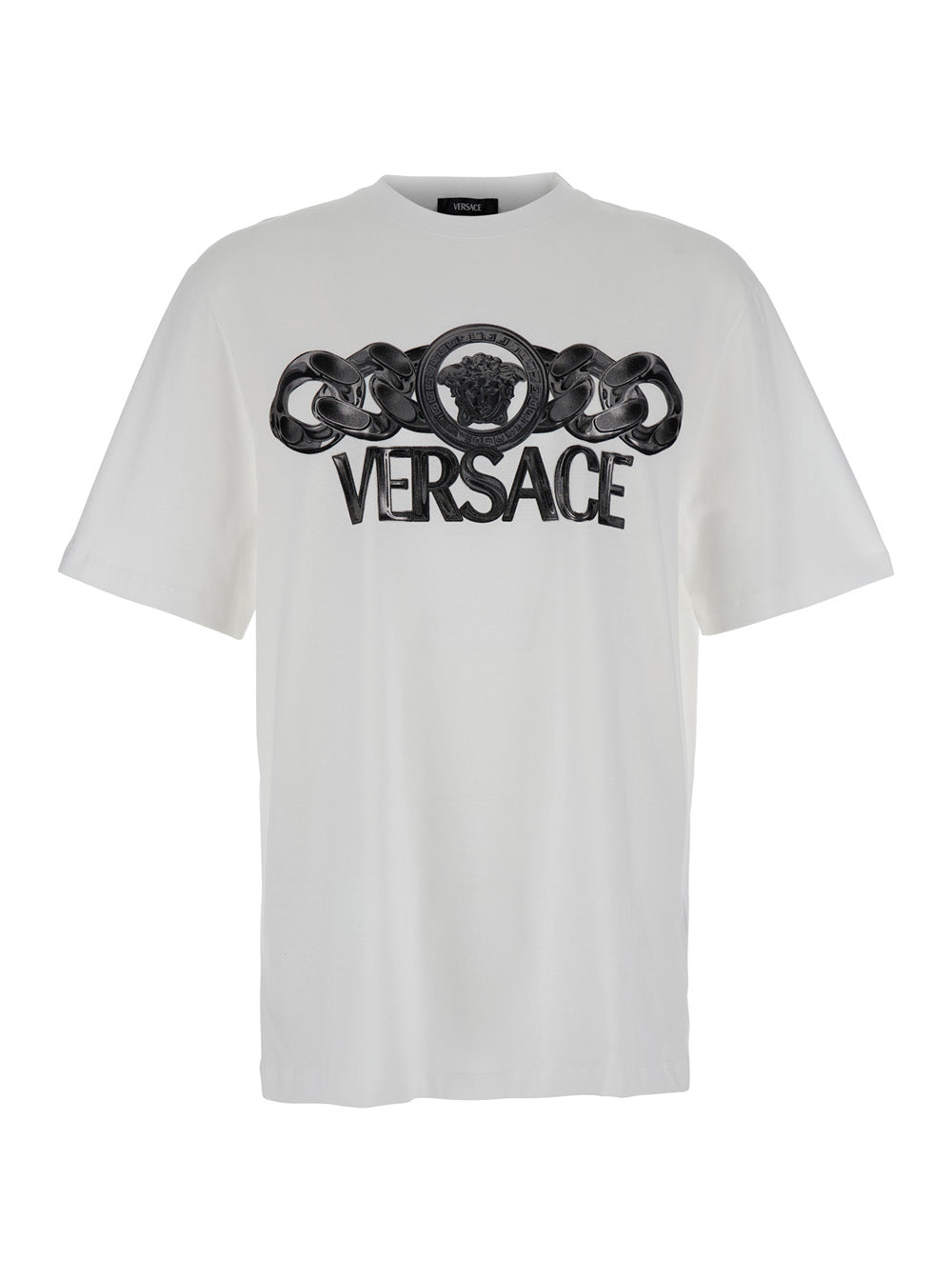 Versace Men White T-Shirt With Medusa Head Logo Print On The Front In Cotton Man VERSACE