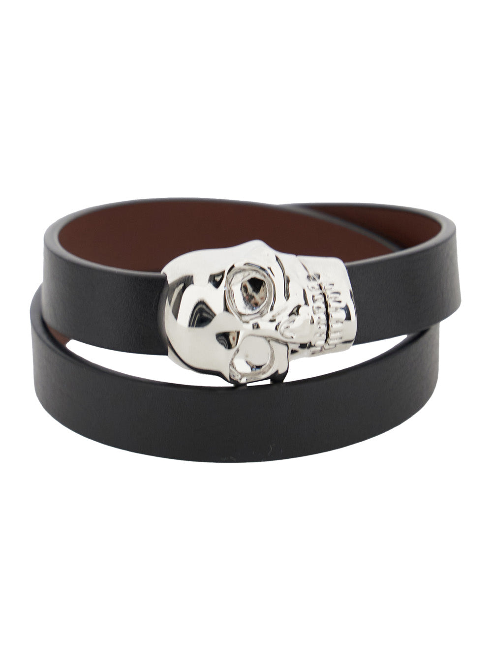 Alexander Mcqueen Men Black Bracelet With Skull Detail In Brass And Leather Man ALEXANDER MCQUEEN