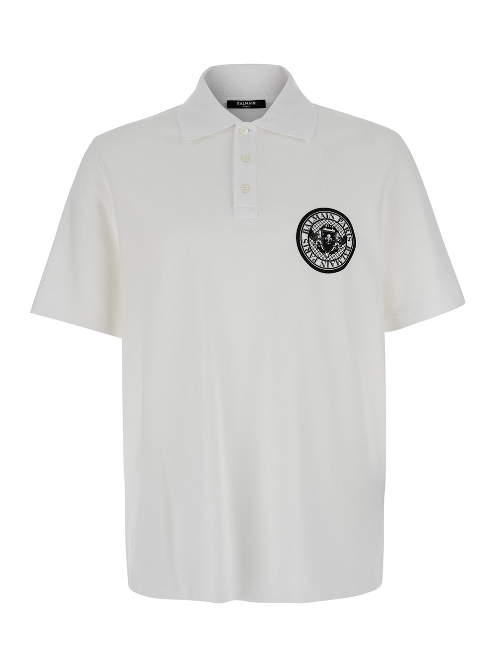 Balmain Men White Polo Shirt With Collar And Coin Print On The Front In Cotton Man BALMAIN