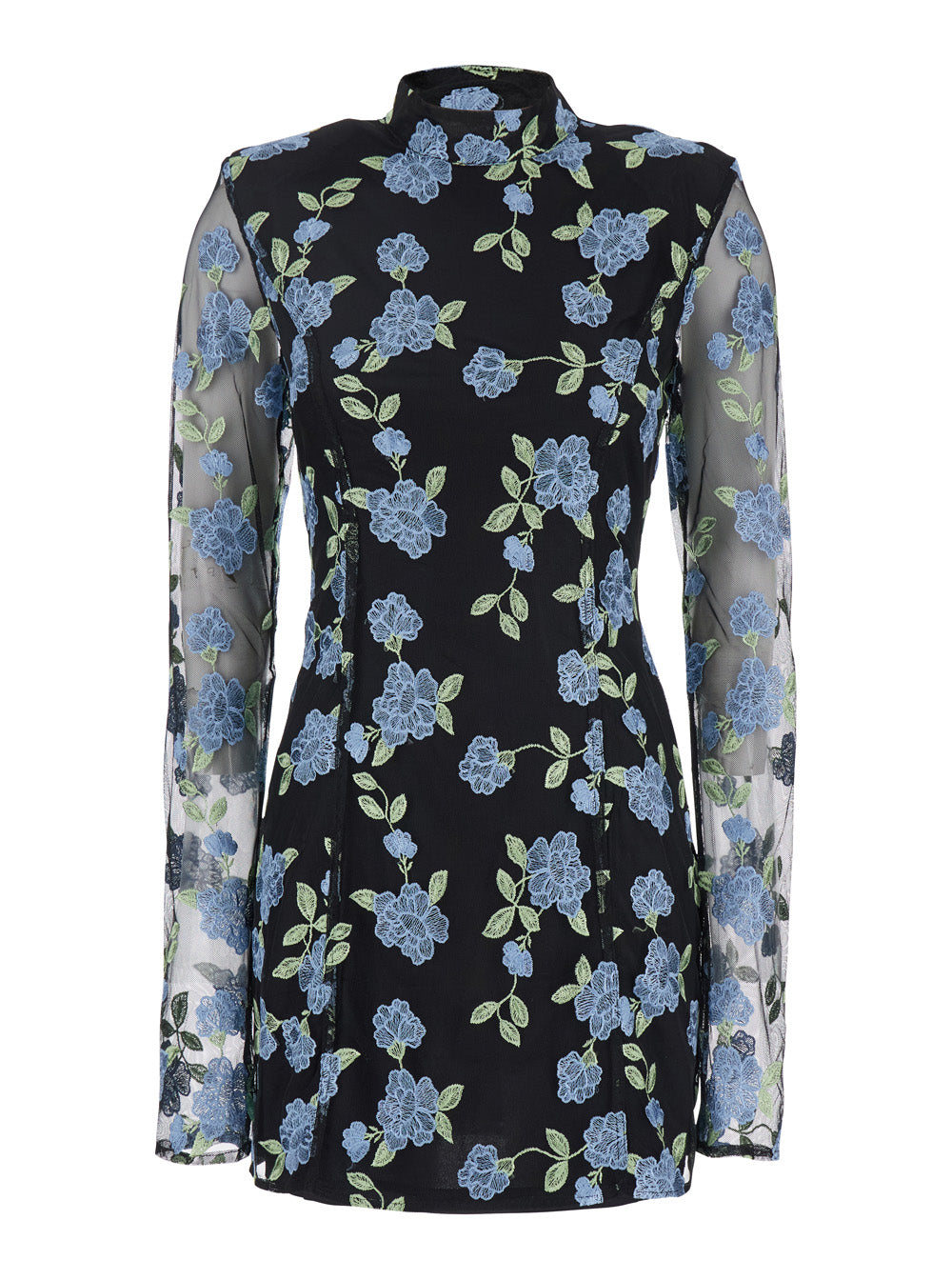 Rotate Women Black High Neck Mini Dress With Semi Sheer Sleeves And All-Over Floral Motif In Tech Fabric Woman ROTATE