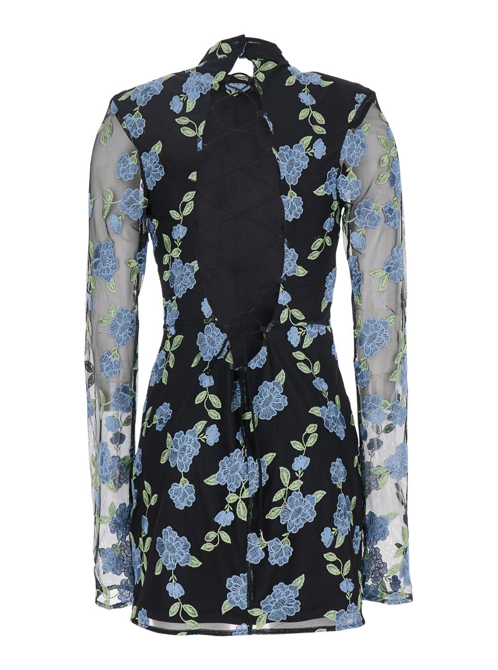 Rotate Women Black High Neck Mini Dress With Semi Sheer Sleeves And All-Over Floral Motif In Tech Fabric Woman ROTATE