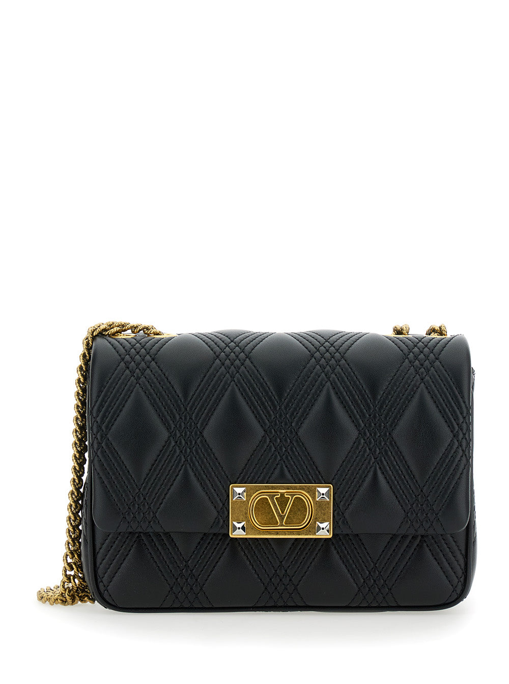 Valentino Garavani Women 'Quiltie 67' Black Shoulder Bag With Vlogo Metallic Plate On The Front In Quilted Leather Woman VALENTINO GARAVANI