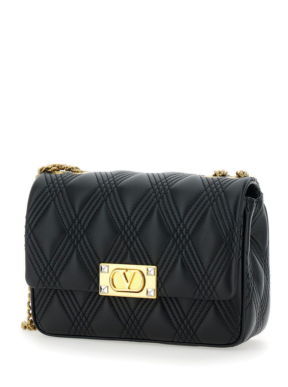 Valentino Garavani Women 'Quiltie 67' Black Shoulder Bag With Vlogo Metallic Plate On The Front In Quilted Leather Woman VALENTINO GARAVANI