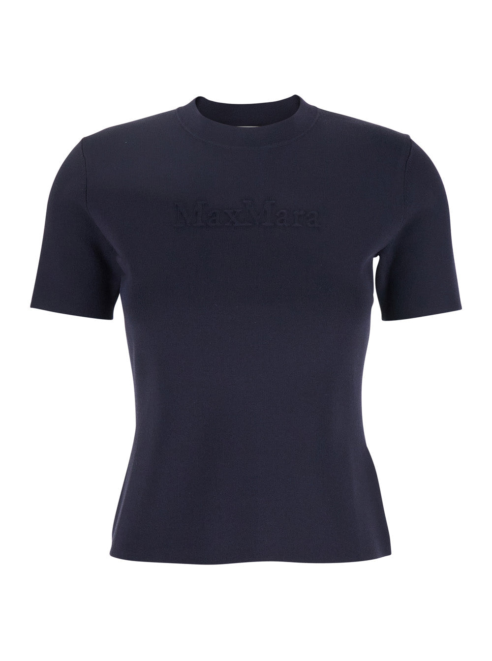 Max Mara Women Blue Crewneck T-Shirt With Tonal Logo Lettering On The Front In Viscose Blend Woman MAX MARA