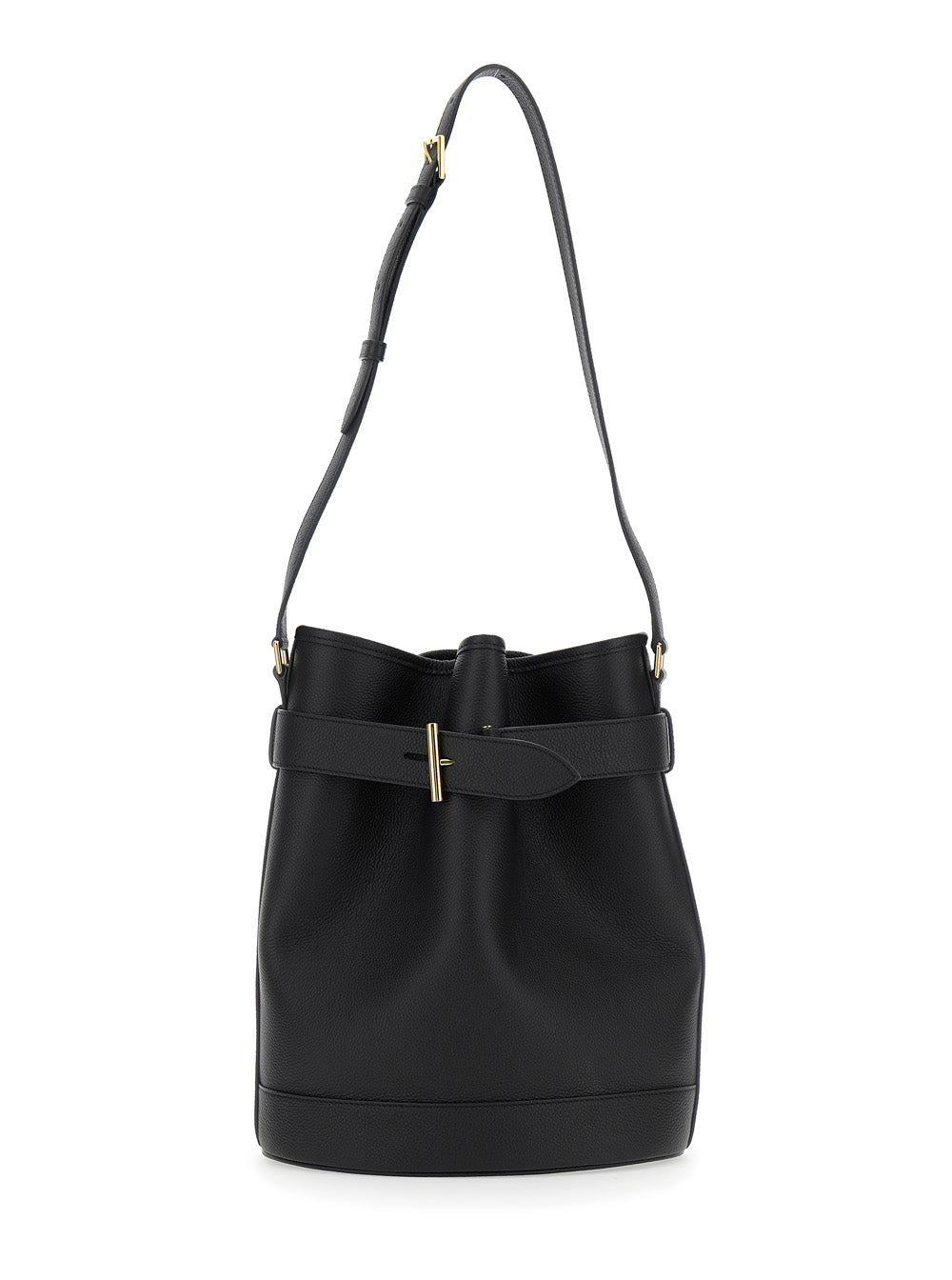 Tom Ford Women Black Medium Bucket Bag With Adjustable Shoulder Strap And Buckle Closure In Grained Leather Woman TOM FORD