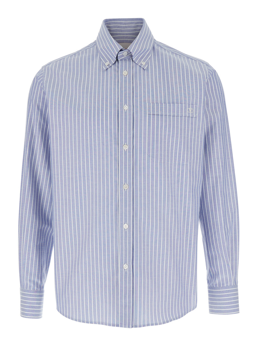 Valentino Men Light Blue Shirt With Logo Detail On The Front And All-Over Striped Motif In Cotton Man VALENTINO