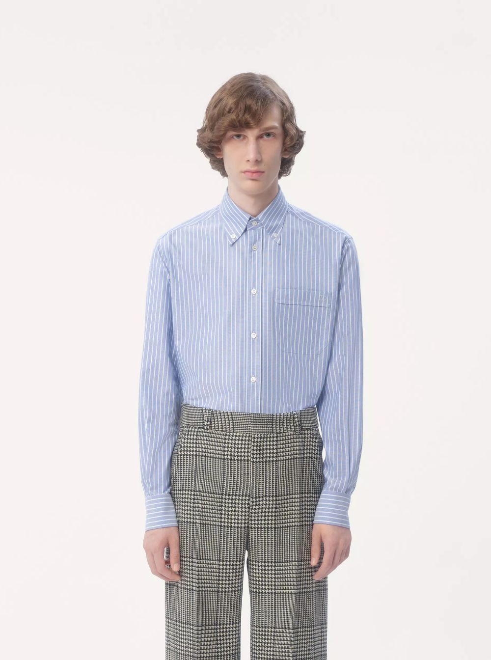 Valentino Men Light Blue Shirt With Logo Detail On The Front And All-Over Striped Motif In Cotton Man VALENTINO