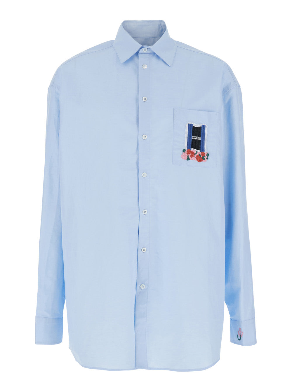 Jw Anderson Men Light Blue Shirt With Classic Collar And Embroidery Detail On Front And Cuff In Linen And Cotton Blend Man J.W. ANDERSON