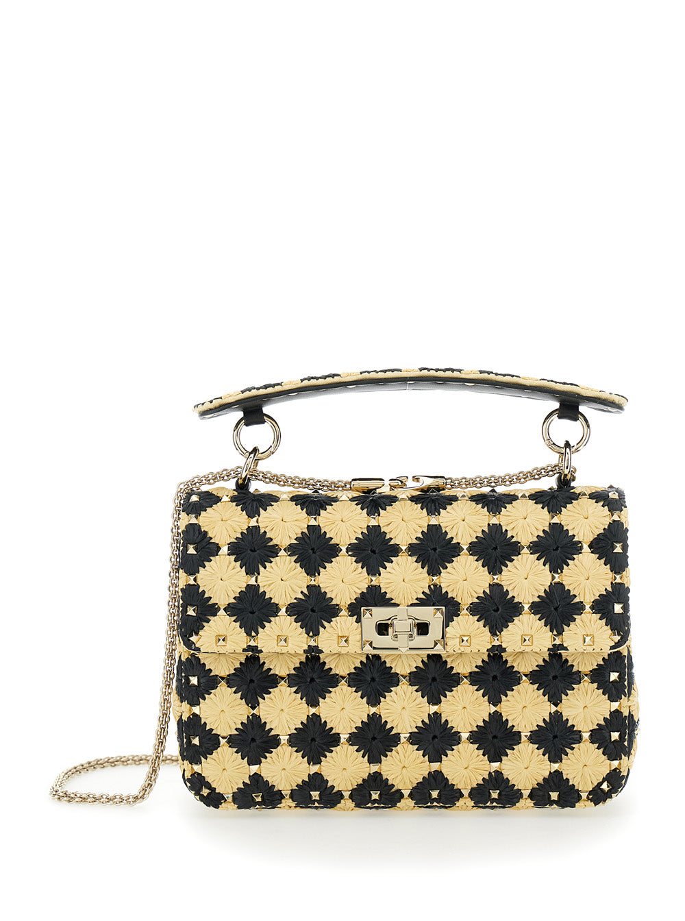 Valentino Garavani Women Beige Crossbody Bag With Rockstud Embellishment And Check Floral Motif In Tech Fabric Woman VALENTINO GARAVANI