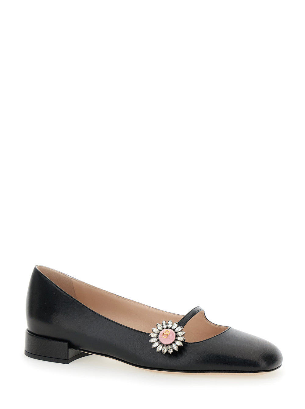 Valentino Garavani Women Black Ballet Shoes With Floral Detail With Vlogo In Leather Woman
