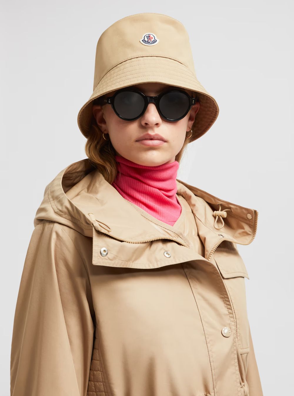 Moncler Women Beige Bucket Hat With Dropped Wide Brim And Logo Patch On The Front In Cotton Blend Woman MONCLER