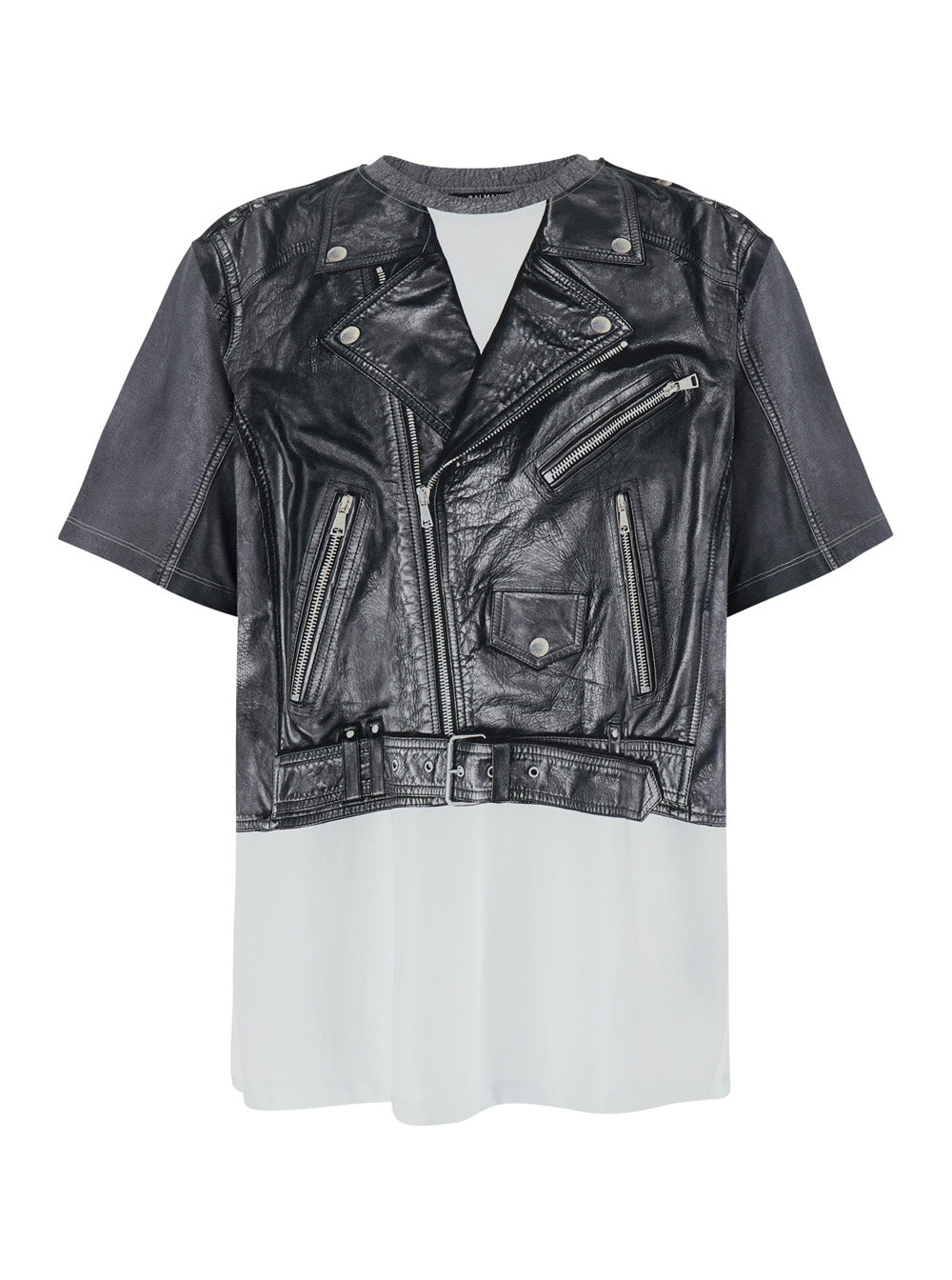 Balmain Men Black And White Crewneck T-Shirt With Layered Design In Cotton Man BALMAIN