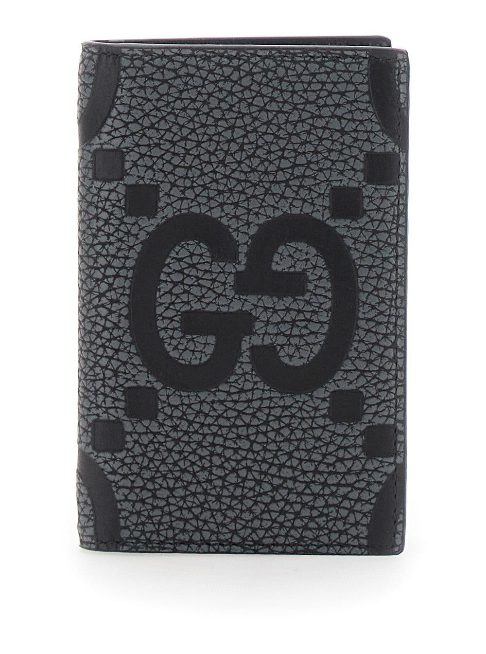 Gucci Men 'Jumbo' Grey Card Holder With Maxi Double G Logo On The Front In Grained Leather Man GUCCI