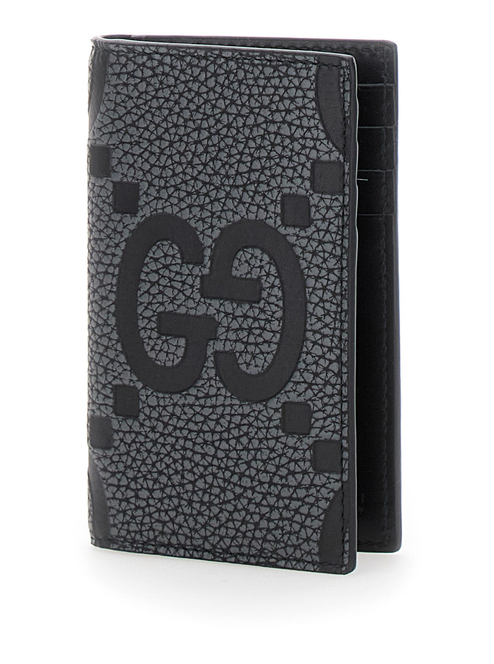 Gucci Men 'Jumbo' Grey Card Holder With Maxi Double G Logo On The Front In Grained Leather Man GUCCI
