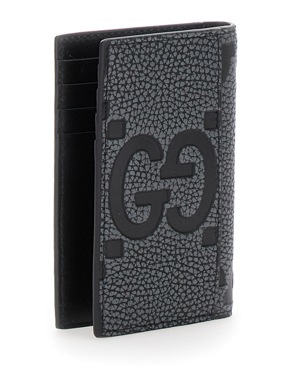 Gucci Men 'Jumbo' Grey Card Holder With Maxi Double G Logo On The Front In Grained Leather Man GUCCI