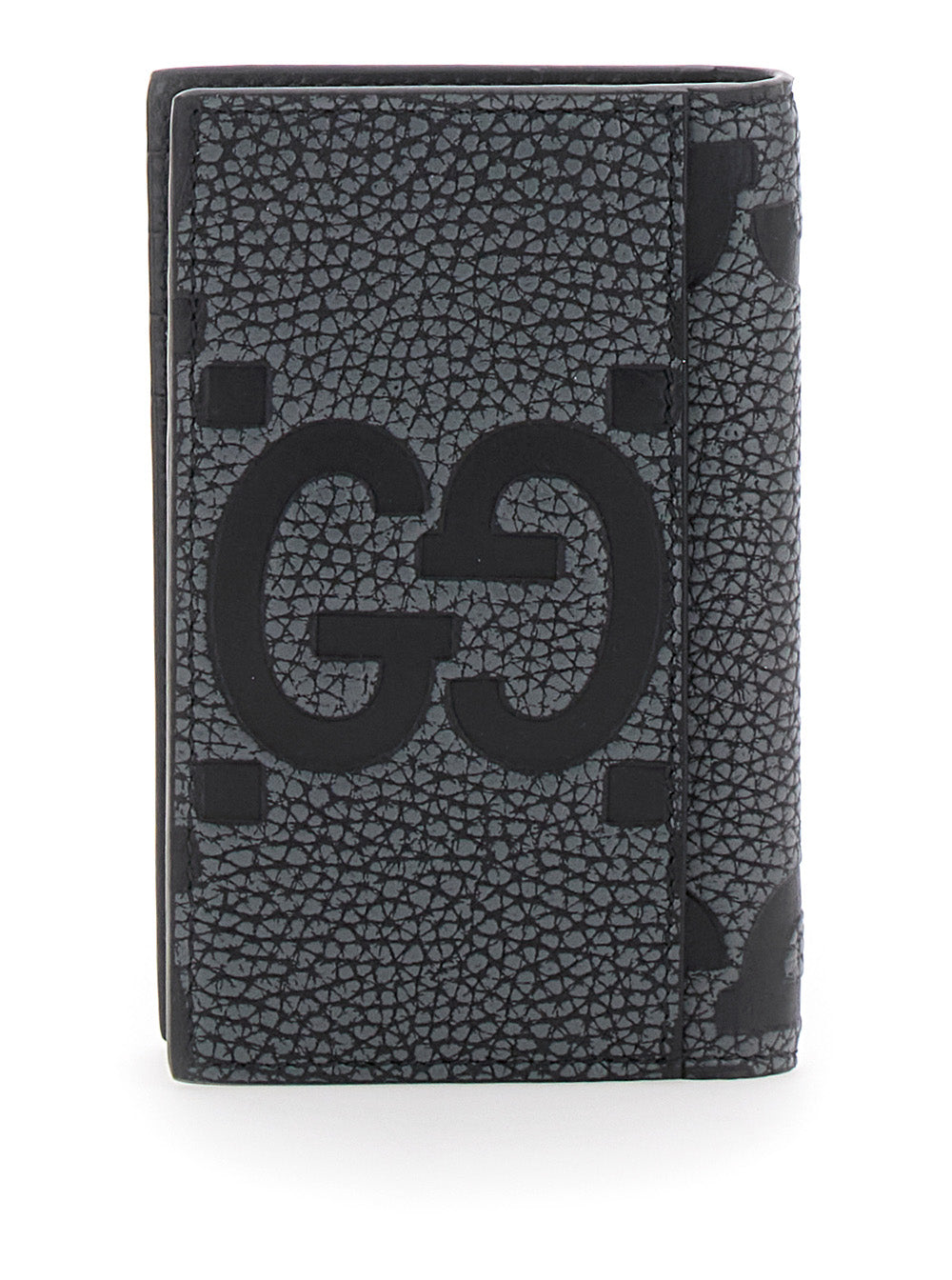 Gucci Men 'Jumbo' Grey Card Holder With Maxi Double G Logo On The Front In Grained Leather Man GUCCI