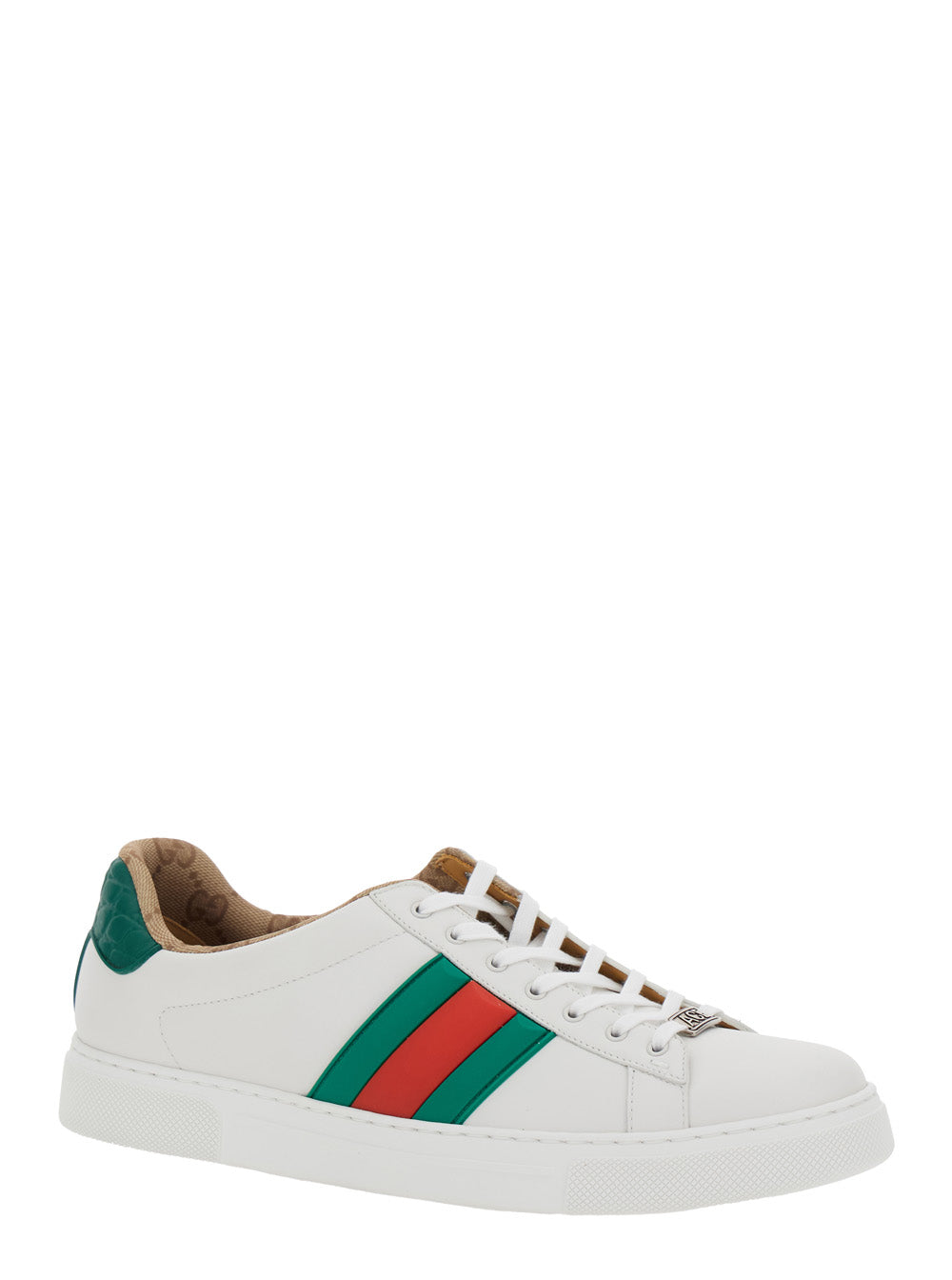 Gucci Men 'Ace' White Sneaker With Web Detail On The Side And Tag On The Front In Leather Man GUCCI