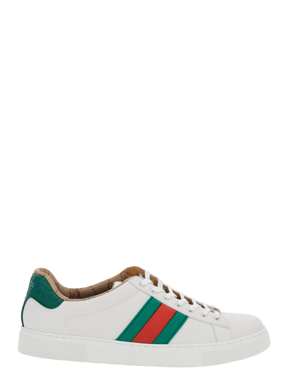 Gucci Men 'Ace' White Sneaker With Web Detail On The Side And Tag On The Front In Leather Man GUCCI