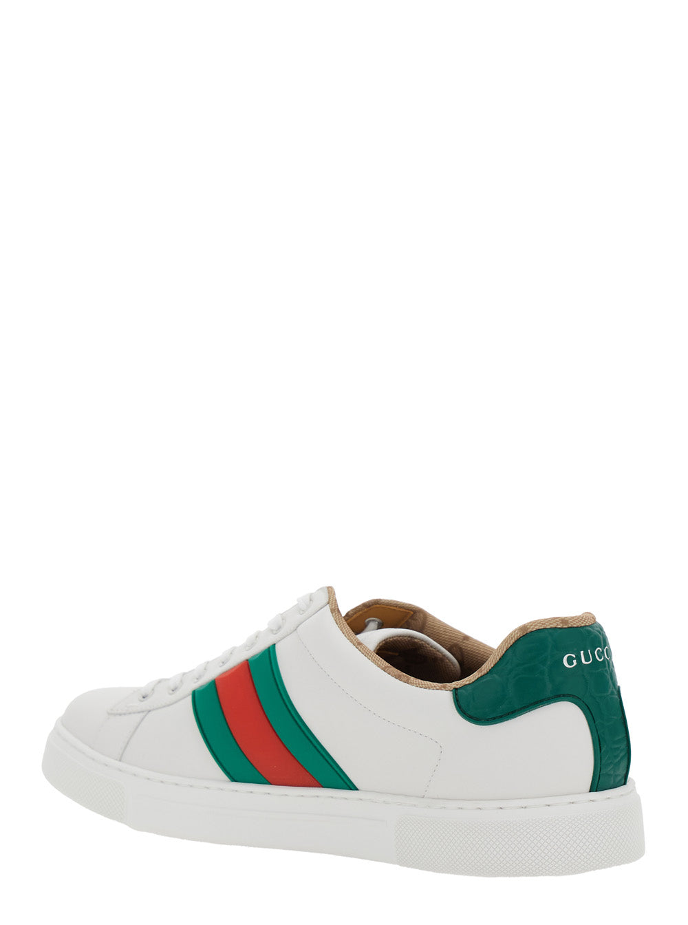 Gucci Men 'Ace' White Sneaker With Web Detail On The Side And Tag On The Front In Leather Man GUCCI