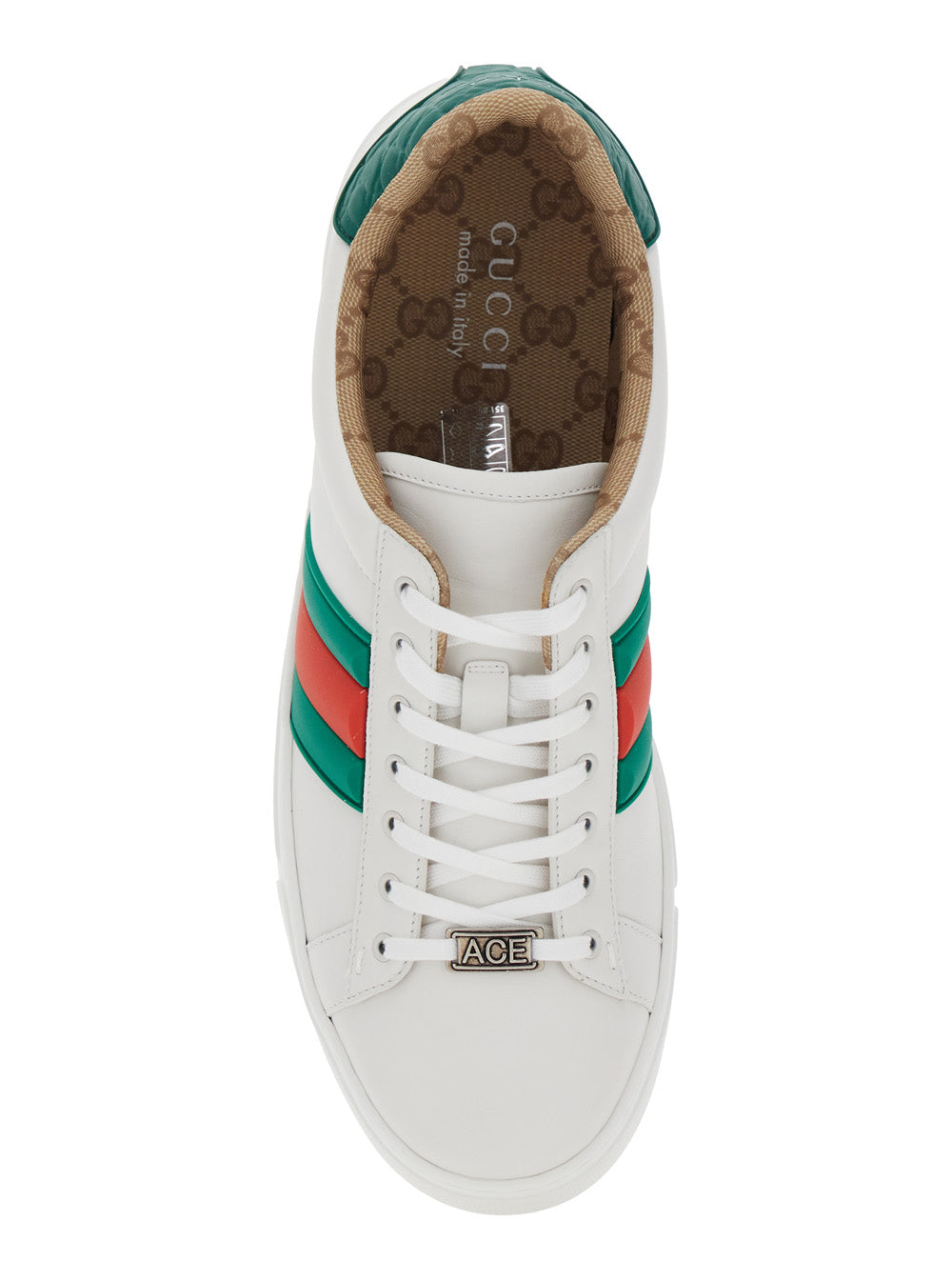 Gucci Men 'Ace' White Sneaker With Web Detail On The Side And Tag On The Front In Leather Man GUCCI