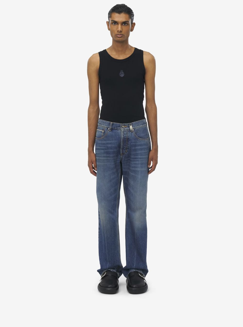 Alexander Mcqueen Men Blue High Waisted Jeans With Logo Detail On The Loop And Logo Patch On The Rear In Denim Man ALEXANDER MCQUEEN