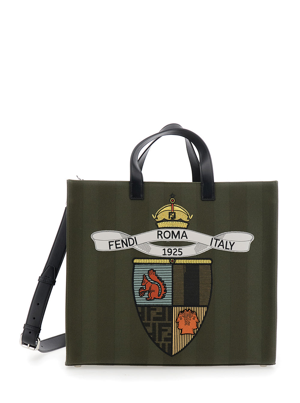 Fendi Men Green Shopper With Vertical Stripes Motif And Fendi Club Patch On The Front In Canvas Man FENDI