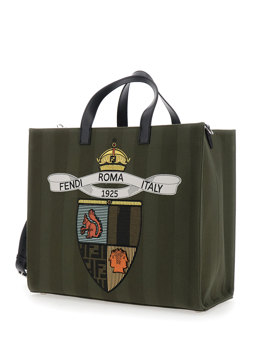 Fendi Men Green Shopper With Vertical Stripes Motif And Fendi Club Patch On The Front In Canvas Man FENDI