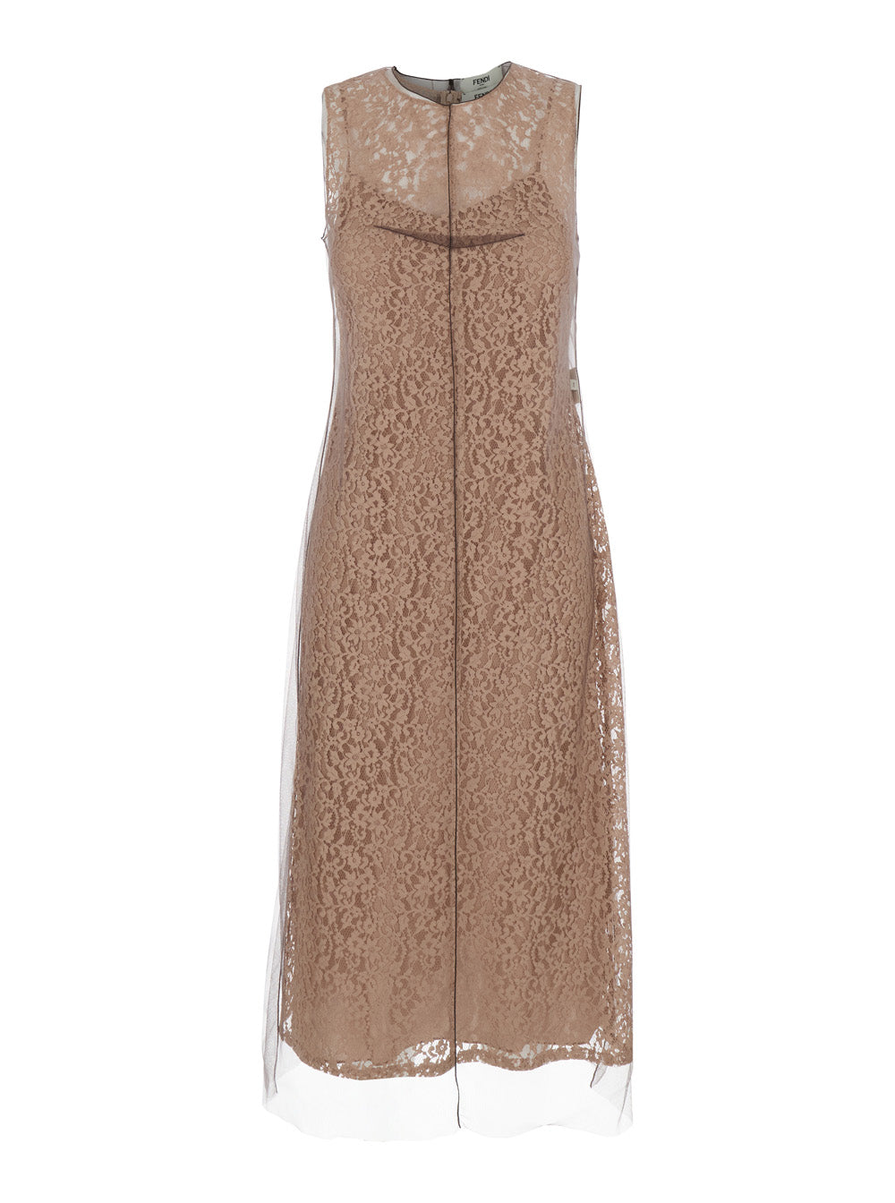 Fendi Women Beige Sleeveless Crewneck Dress With Floral Embroidery In Lace Woman FENDI