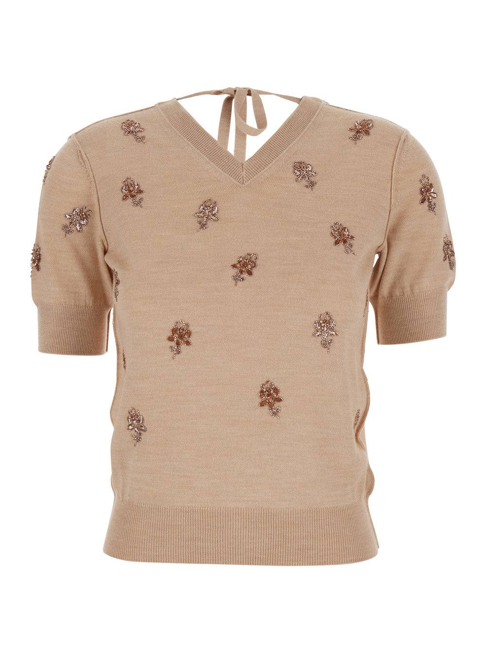 Fendi Women Pink T-Shirt With V Neck On Front And Rear And Floral Embroidery On The Front In Wool Woman FENDI